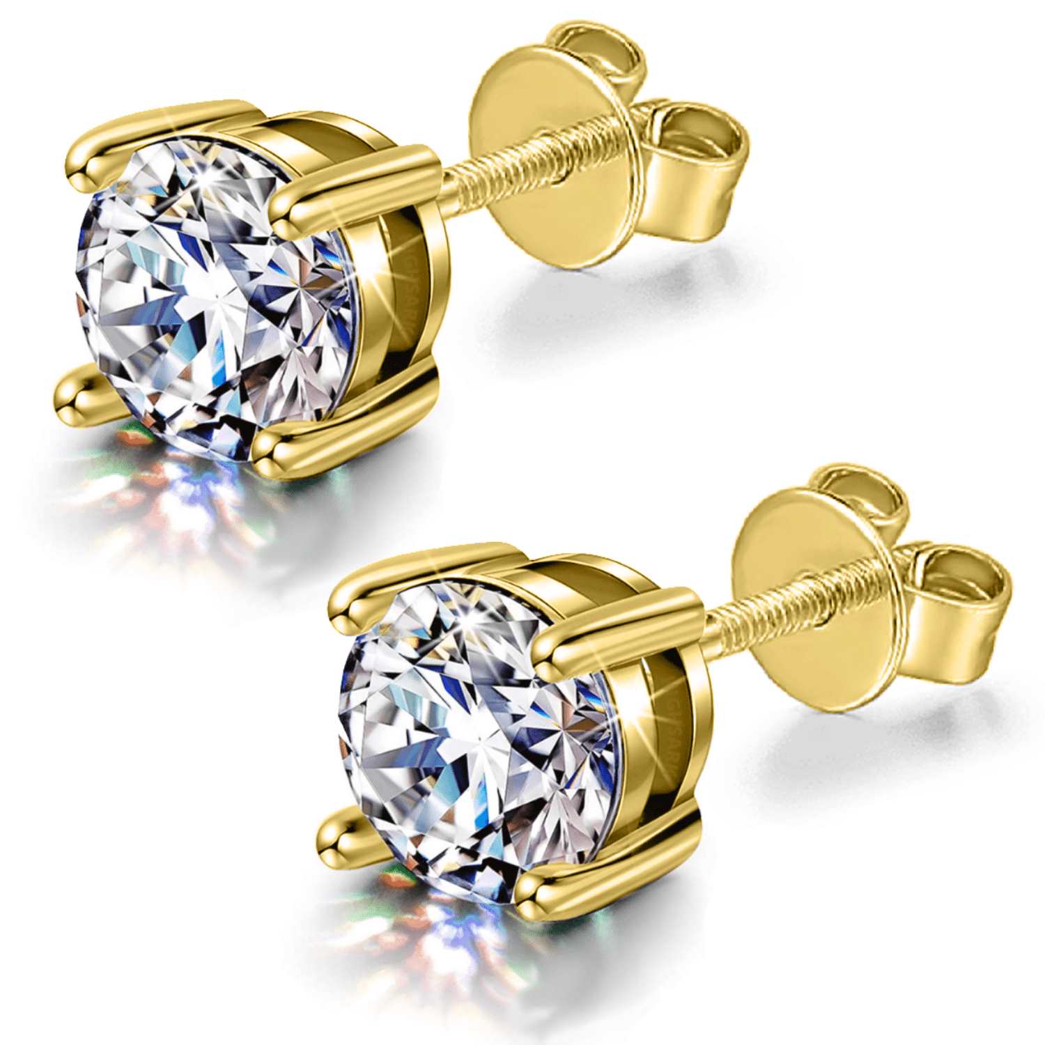 Gold Solitaire Earrings Screwback in 92.5 Silver embellished with Swarovski Zirconia - 92.5 Silver in 18K Gold Finish