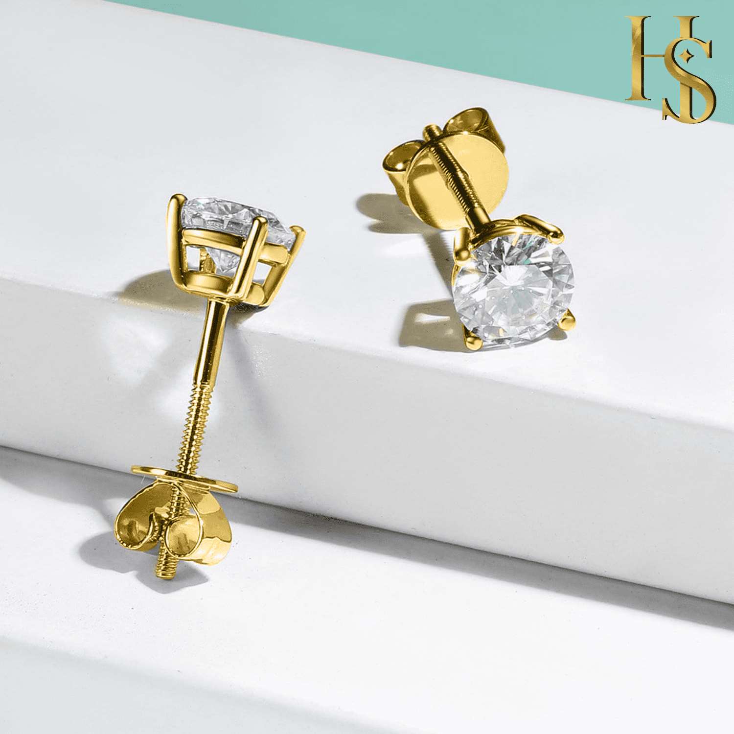 Gold Solitaire Earrings Screwback in 92.5 Silver embellished with Swarovski Zirconia - 92.5 Silver in 18K Gold Finish