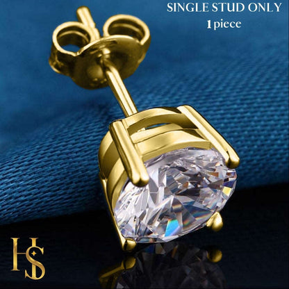 A single gold-plated stud earring with a round American diamond in a four-prong setting, styled on a textured blue fabric surface.