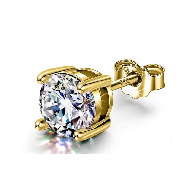 A single stud earring with a round American diamond in a four-prong setting, made of gold-plated sterling silver on a white background.