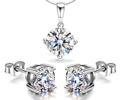 Solitaire Set - Round Earrings, Pendant & Chain in 92.5 Silver embellished with Sparkling Zirconia