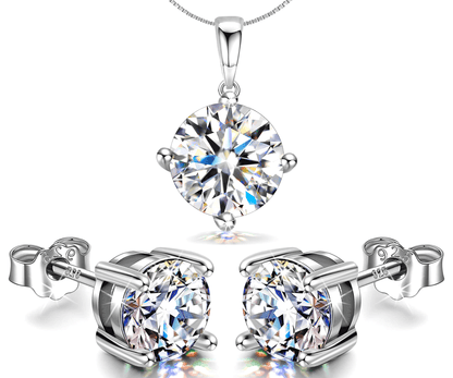 Solitaire Set - Round Earrings, Pendant & Chain in 92.5 Silver embellished with Sparkling Zirconia