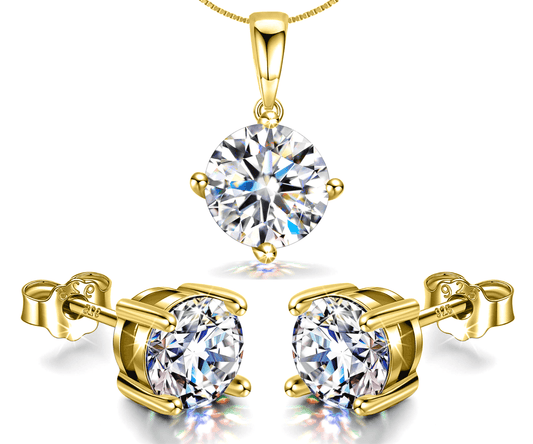 Solitaire Set - Round Earrings, Pendant & Chain in 92.5 Silver embellished with Swarovski Zirconia - 18K Gold finish