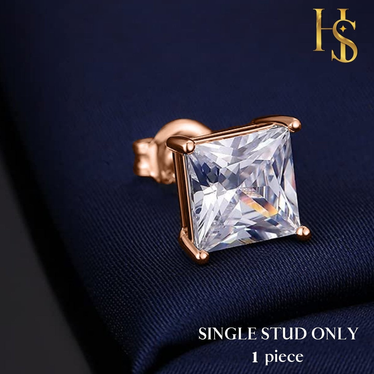 Mens Rose Gold Square Solitaire Earring embellished with Swarovski Zirconia - 92.5 Silver in 18K Rose Gold Finish