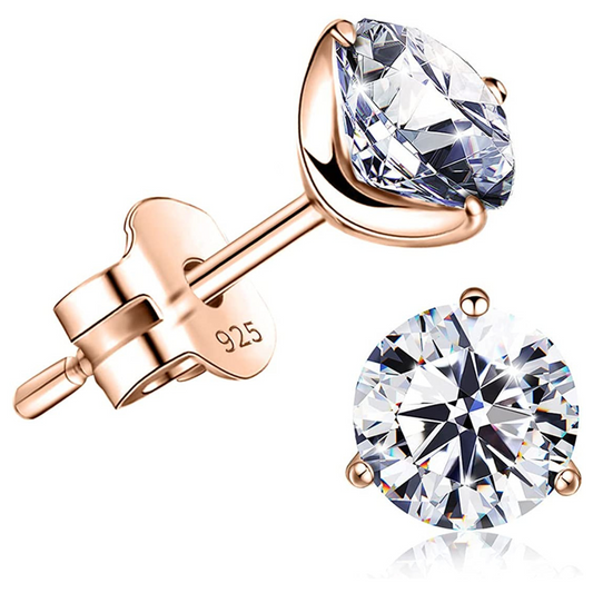 Rose  Gold Solitaire Stud Earrings in 92.5 Silver - Sparkling Martini by HighSpark - Sparkling Swiss Zirconia in Martini Style 3 Prong Setting