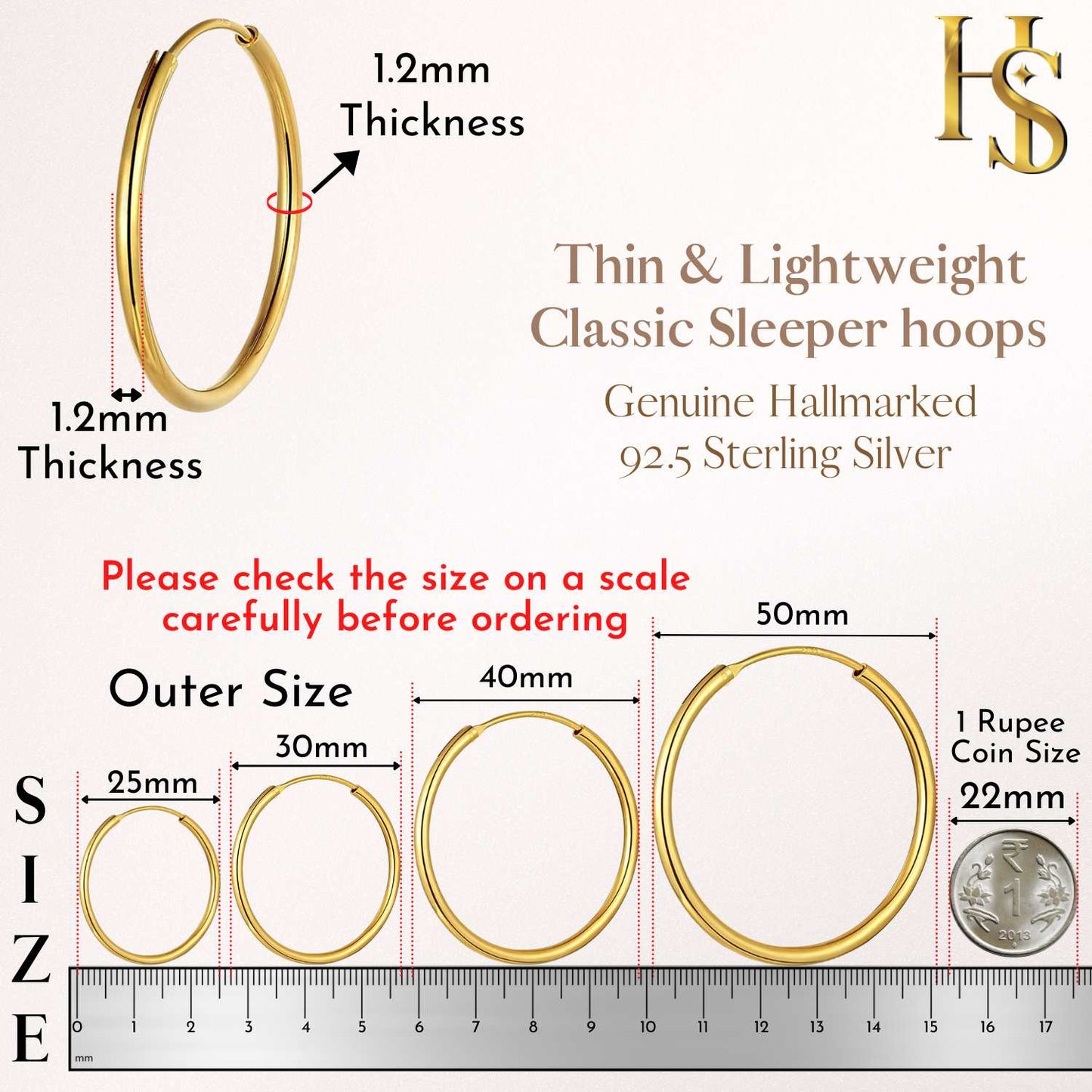 An infographic showing the size of gold-plated hoop earrings in 25mm, 30mm, 40mm, and 50mm against a ruler and a one rupee coin.