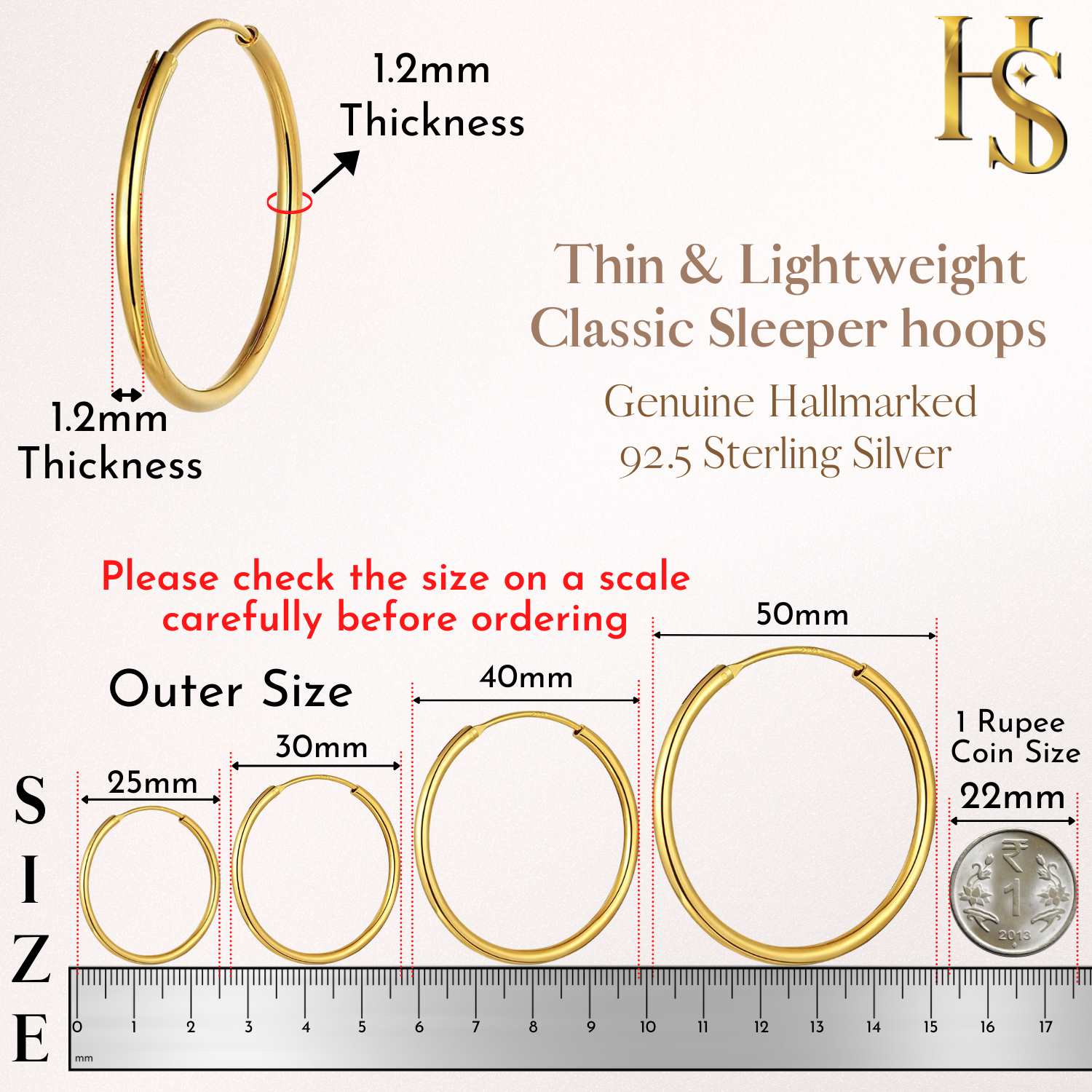 An infographic showing the size of gold-plated hoop earrings in 25mm, 30mm, 40mm, and 50mm against a ruler and a one rupee coin.