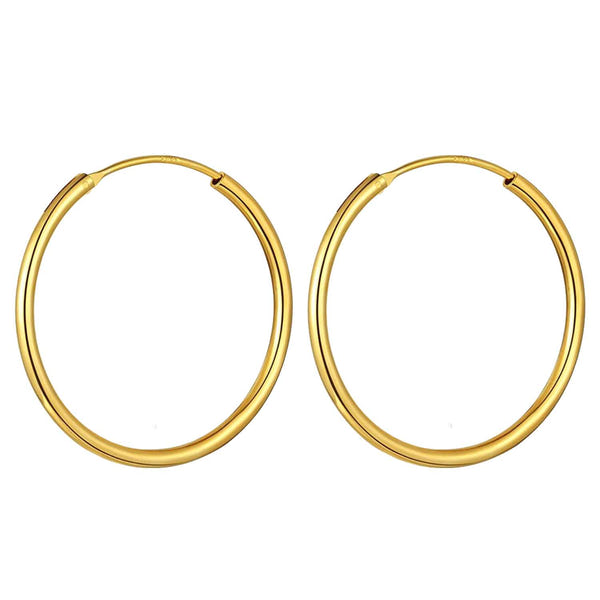 A pair of classic round hoop earrings with a polished gold-plated finish, shown on a plain white background.