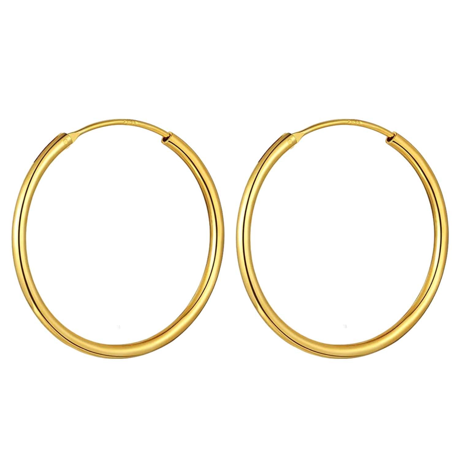 A pair of classic round hoop earrings with a polished gold-plated finish, shown on a plain white background.