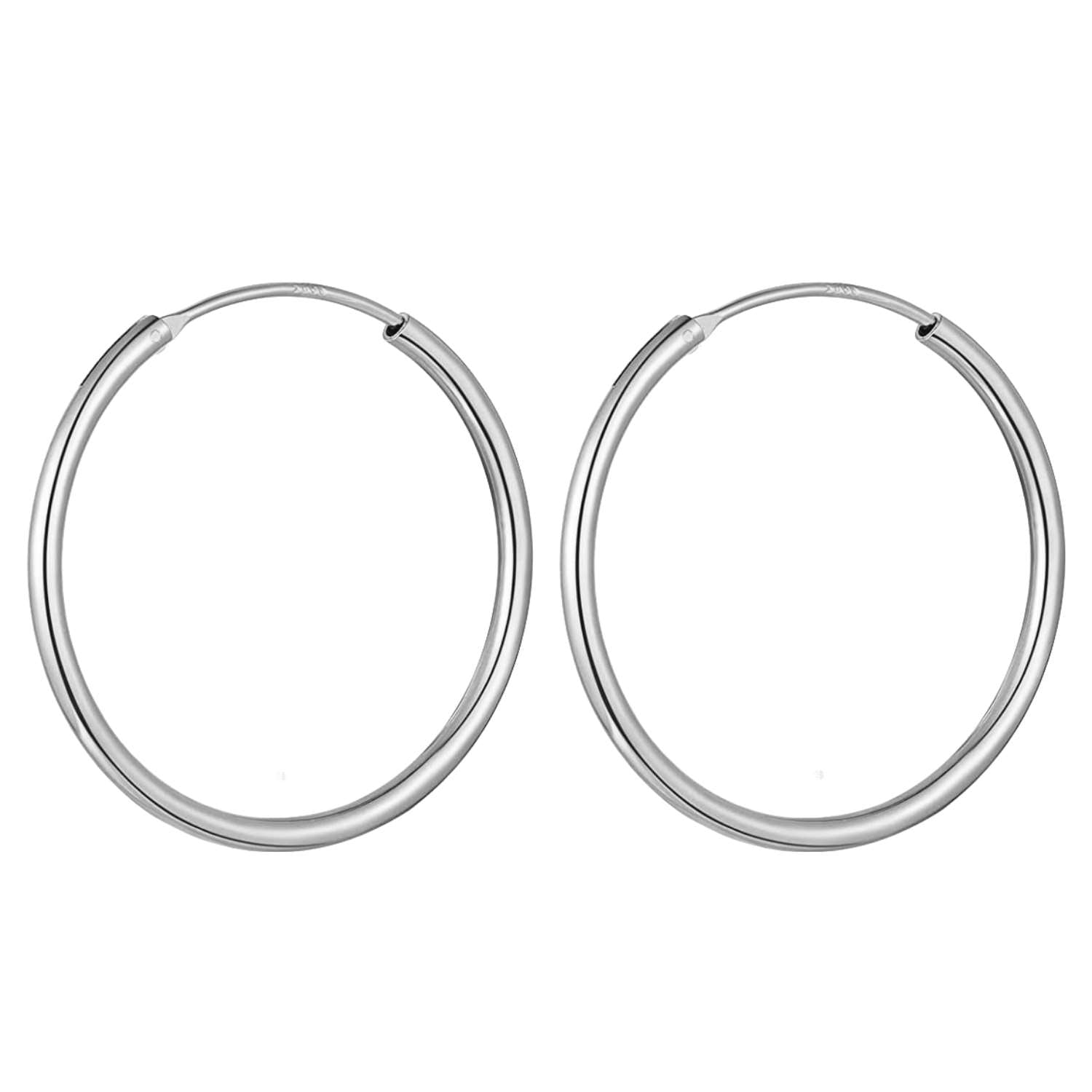 A pair of classic sterling silver hoop earrings with a polished finish shown on a plain white background.