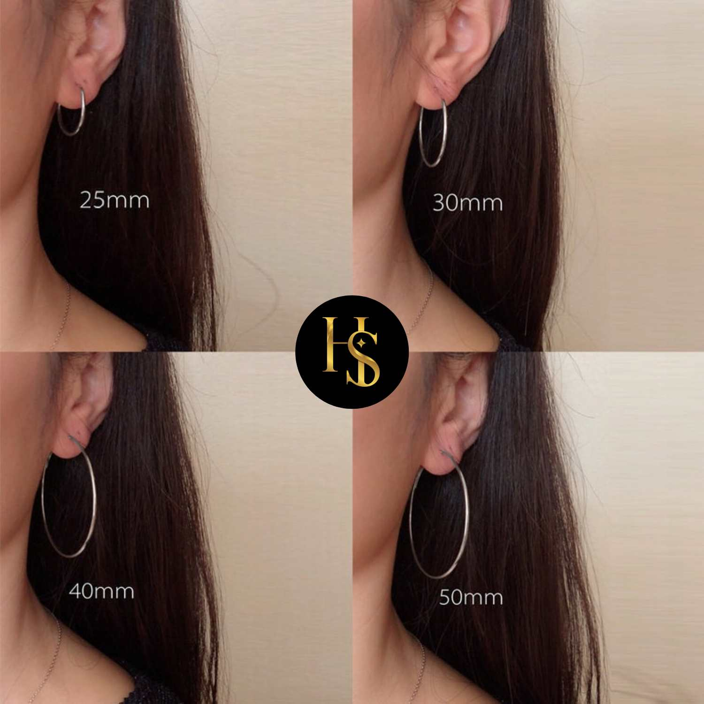 A four-panel infographic comparing different sizes of classic sterling silver hoop earrings worn on the ear, showing 25mm, 30mm, 40mm.