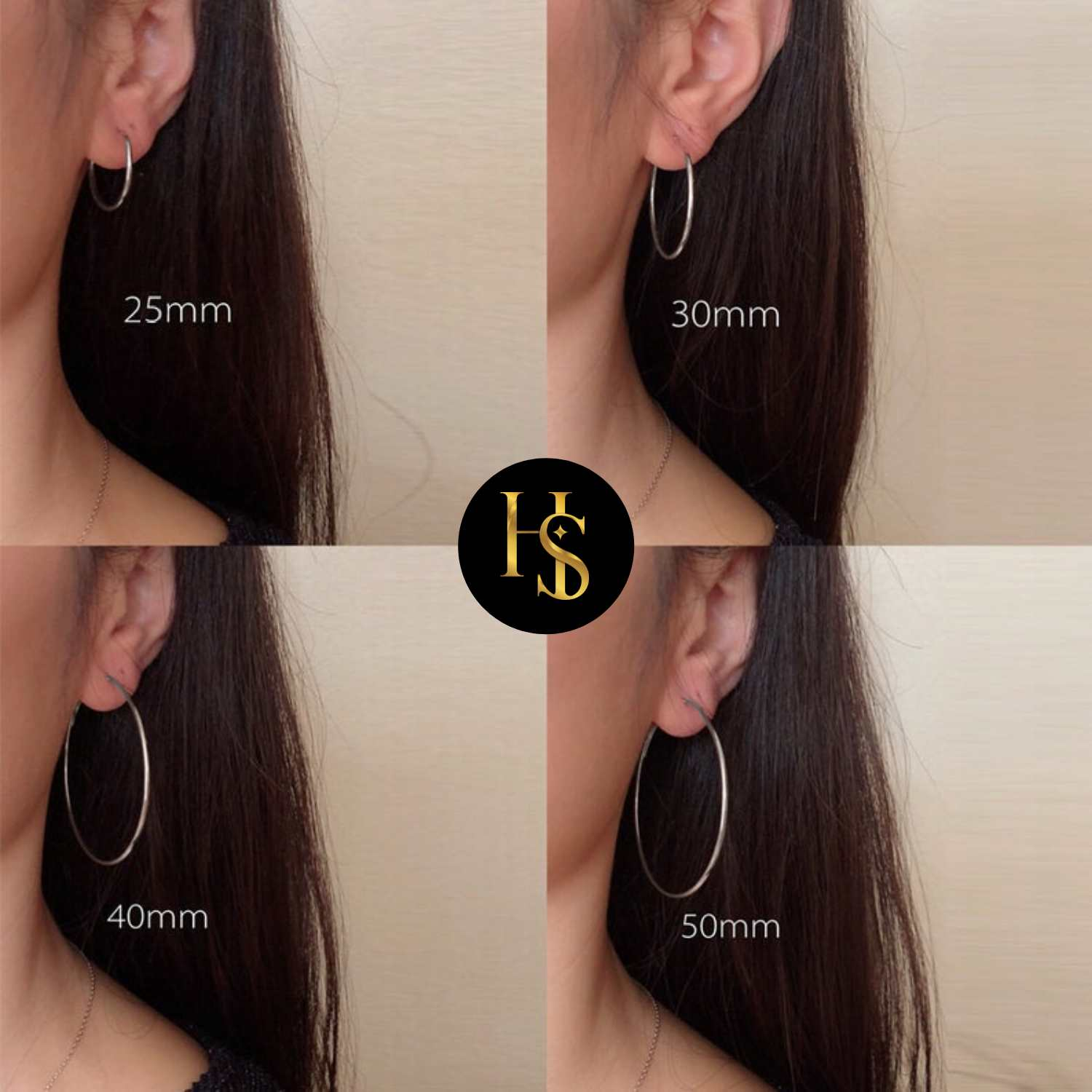 A four-panel infographic comparing different sizes of classic sterling silver hoop earrings worn on the ear, showing 25mm, 30mm, 40mm.