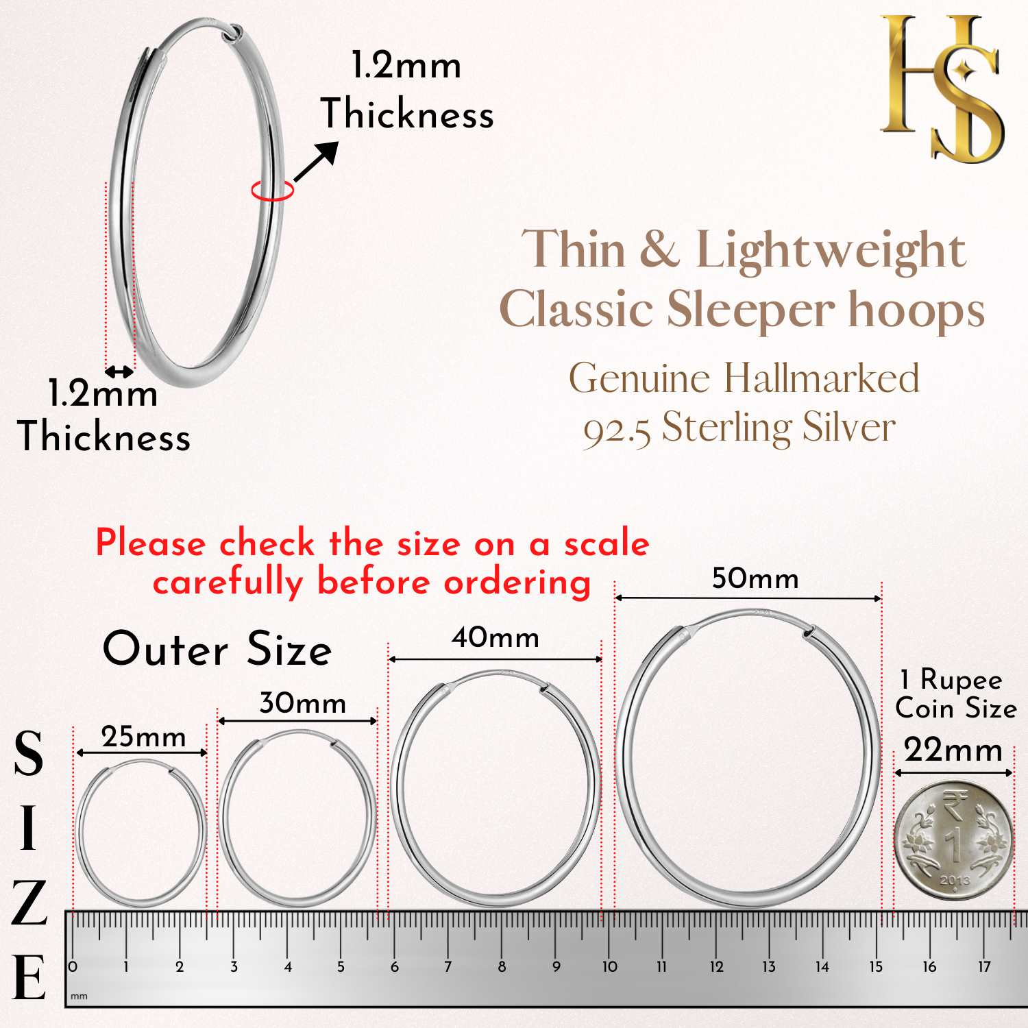 An infographic showing four sizes of sterling silver hoop earrings (25mm, 30mm, 40mm, 50mm) against a ruler and a 1 Rupee coin for scale.
