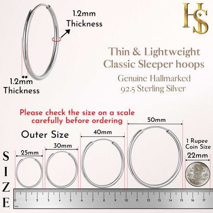 An infographic showing four sizes of sterling silver hoop earrings (25mm, 30mm, 40mm, 50mm) against a ruler and a 1 Rupee coin for scale.