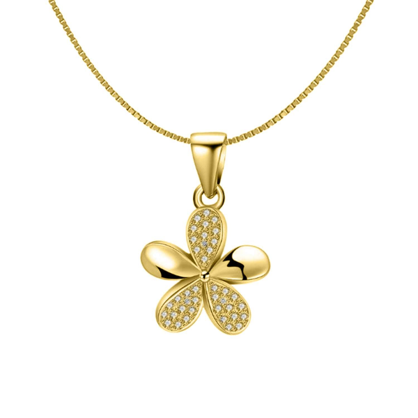 A gold-plated pendant necklace with a five-petal flower, three petals pavé-set with American diamonds, on a white background.