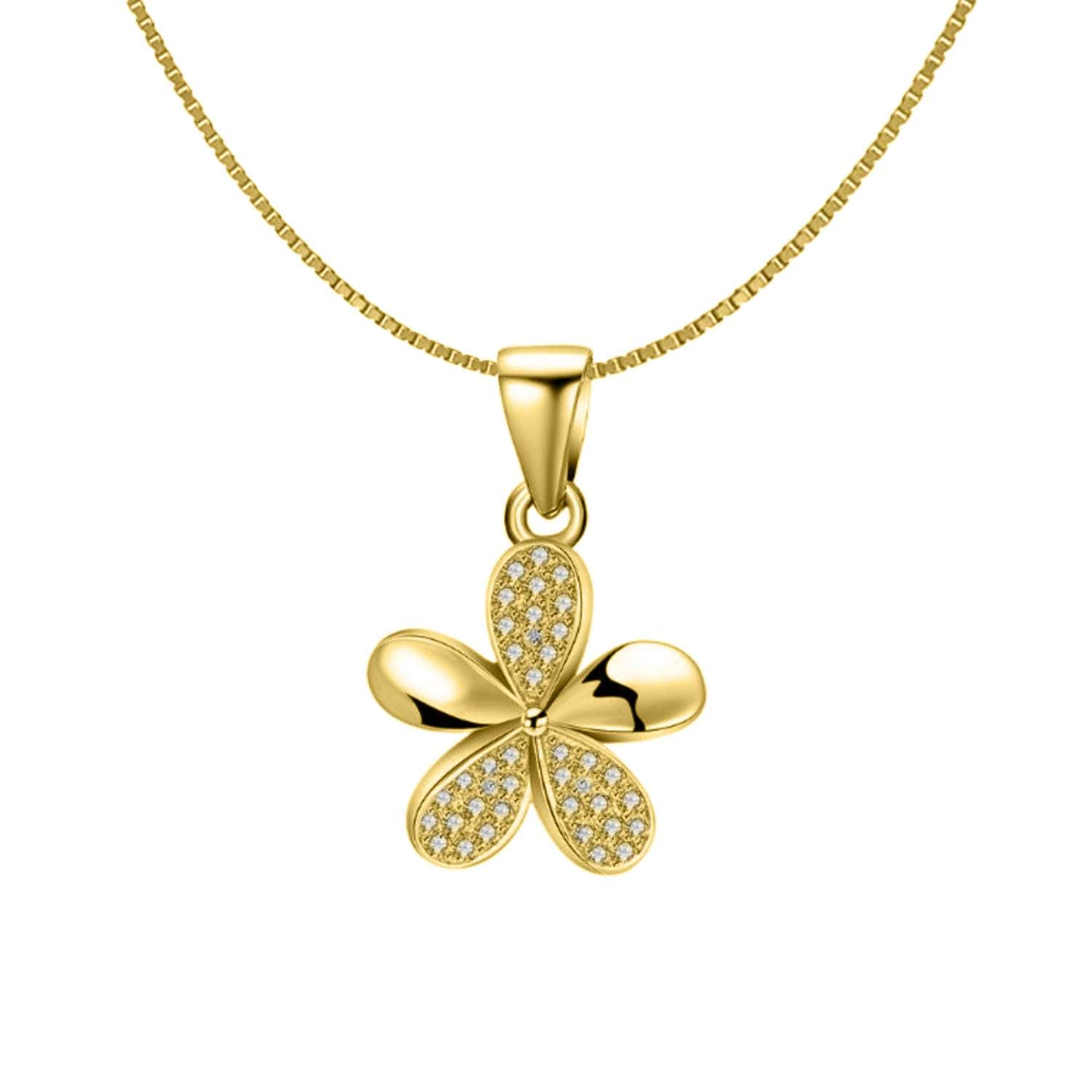 A gold-plated pendant necklace with a five-petal flower, three petals pavé-set with American diamonds, on a white background.