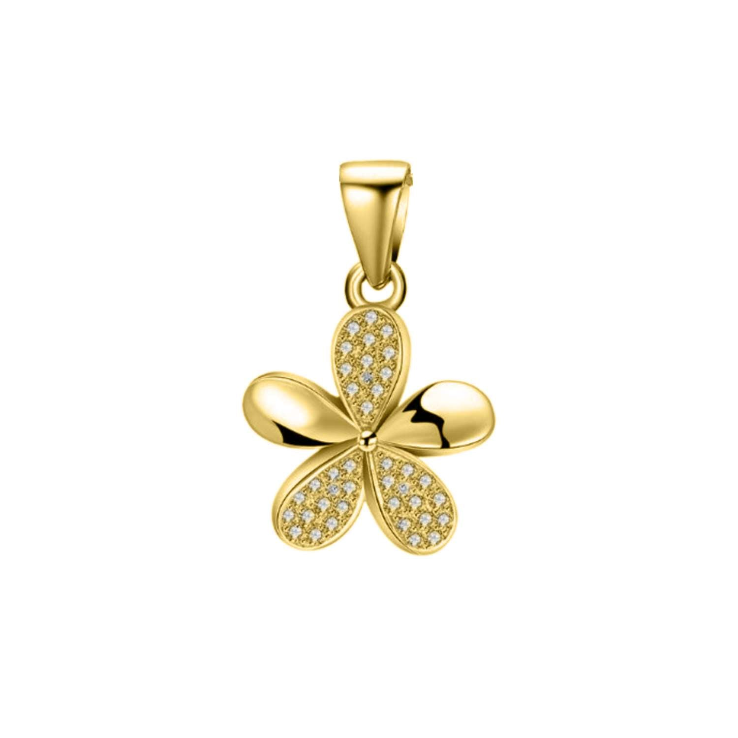 A gold-plated sterling silver flower pendant with five petals, three of which are pavé-set with American diamonds, on a white background.