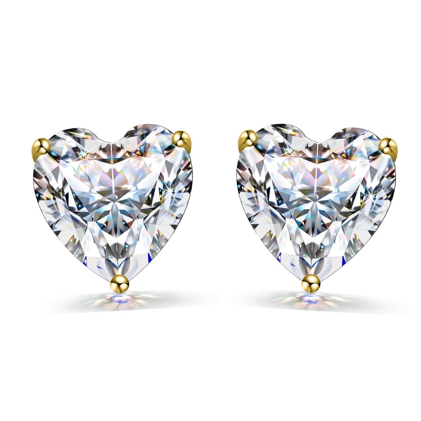 A pair of stud earrings with heart-shaped American diamond solitaires in a three-prong gold-plated setting on a white background.