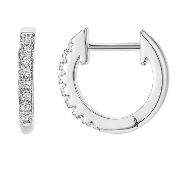 A pair of sterling silver huggie hoop earrings with a row of pavé-set American diamonds on a plain white background.
