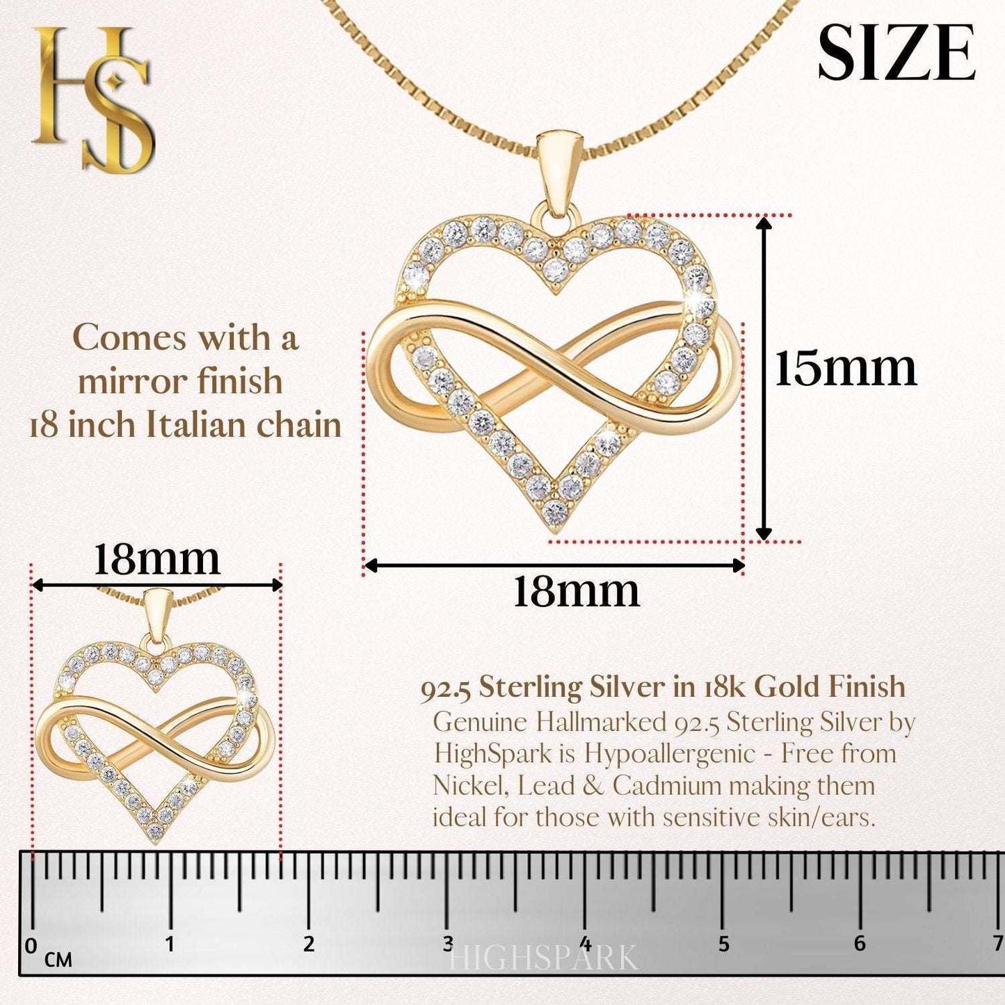 Infographic showing the dimensions of a gold-plated heart and infinity pendant with American diamonds.