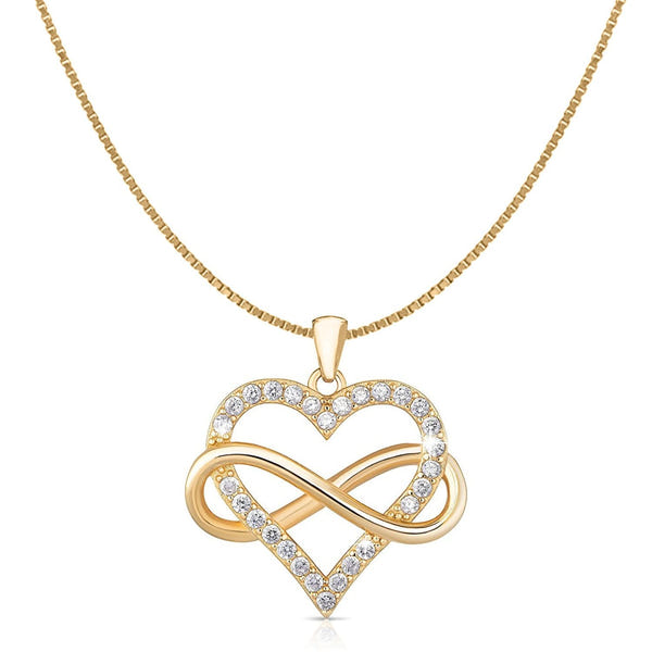 A gold-plated pendant necklace with an open heart and infinity symbol motif, studded with American diamonds, on a white background.
