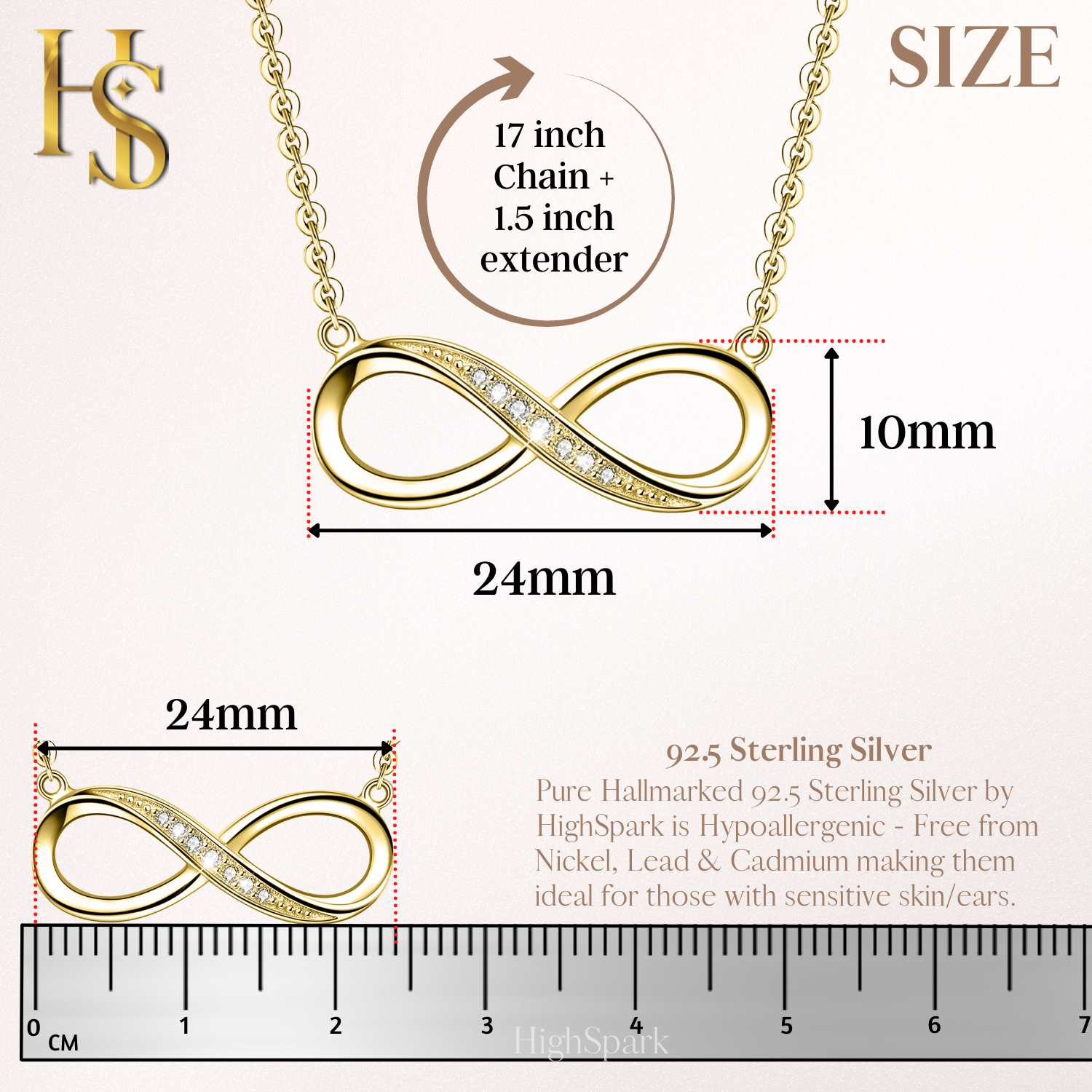 An infographic showing the dimensions of a gold-plated infinity pendant necklace with American diamonds, measuring 24mm by 10mm.