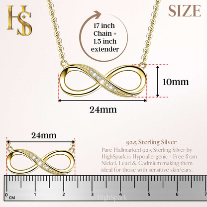 An infographic showing the dimensions of a gold-plated infinity pendant necklace with American diamonds, measuring 24mm by 10mm.