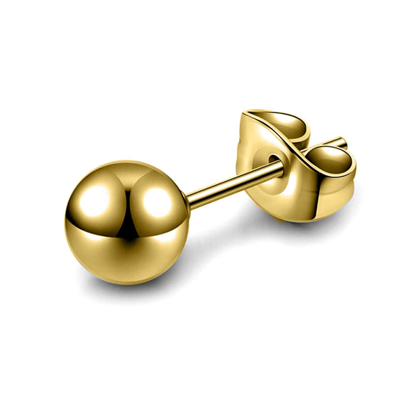 A single men's gold ball stud earring in polished gold-plated sterling silver with a butterfly back, shown on a white background.