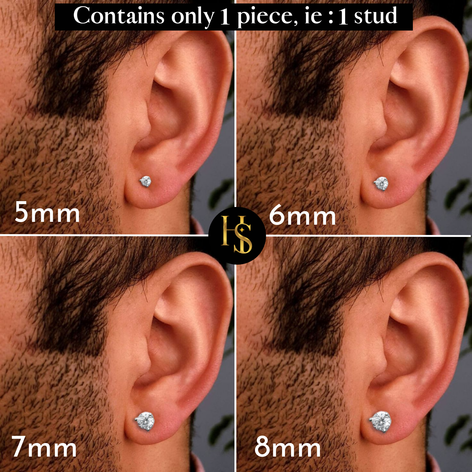 Mens Gold Solitaire Stud Earrings in 92.5 Silver - 1 piece - Sparkling Martini by HighSpark - Sparkling Swiss Zirconia in Martini Style 3 Prong Setting - 18K Gold Finish HighSpark