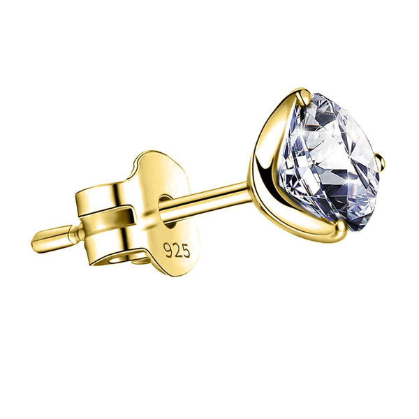 A single solitaire stud earring with a round American diamond in a three-prong martini setting and a gold-plated sterling silver push back.