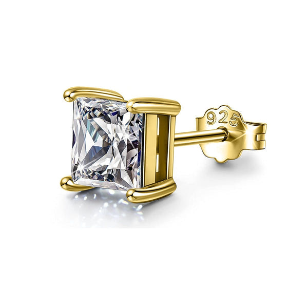 A single square gold stud earring for men with a princess-cut American diamond in a four-prong setting.