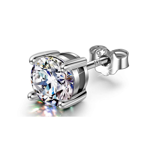 A solitaire stud earring with a round-cut American diamond in a four-prong sterling silver setting, shown on a white background.