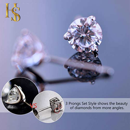 An infographic comparing a three-prong martini setting to a four-prong basket setting for a round American diamond stud earring.