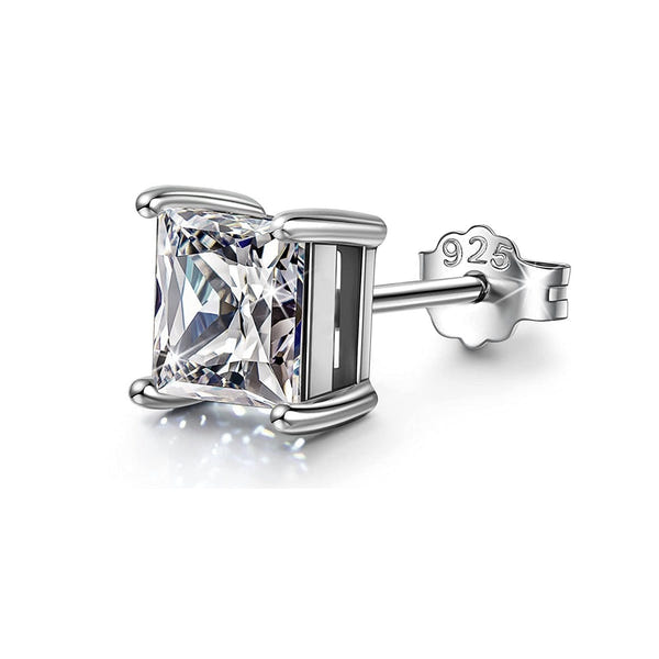 A solitaire stud earring with a princess-cut American diamond in a four-prong sterling silver setting, shown on a white background.