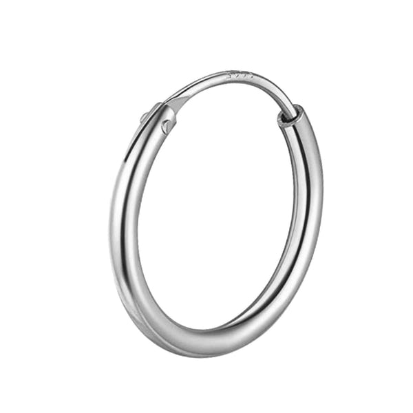 A single, thick, round hoop earring for men, crafted from polished sterling silver with a continuous clasp, shown on a white background.