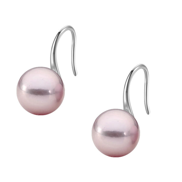 A pair of hook earrings with a lustrous pink pearl drop, set in polished sterling silver on a white background.