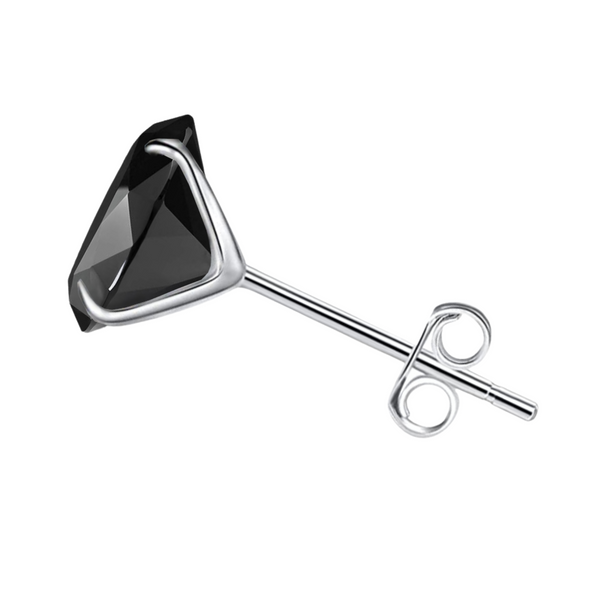A single stud earring featuring a round, brilliant-cut black cubic zirconia in a three-prong sterling silver setting on a white background.