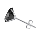 A single stud earring featuring a round, brilliant-cut black cubic zirconia in a three-prong sterling silver setting on a white background.