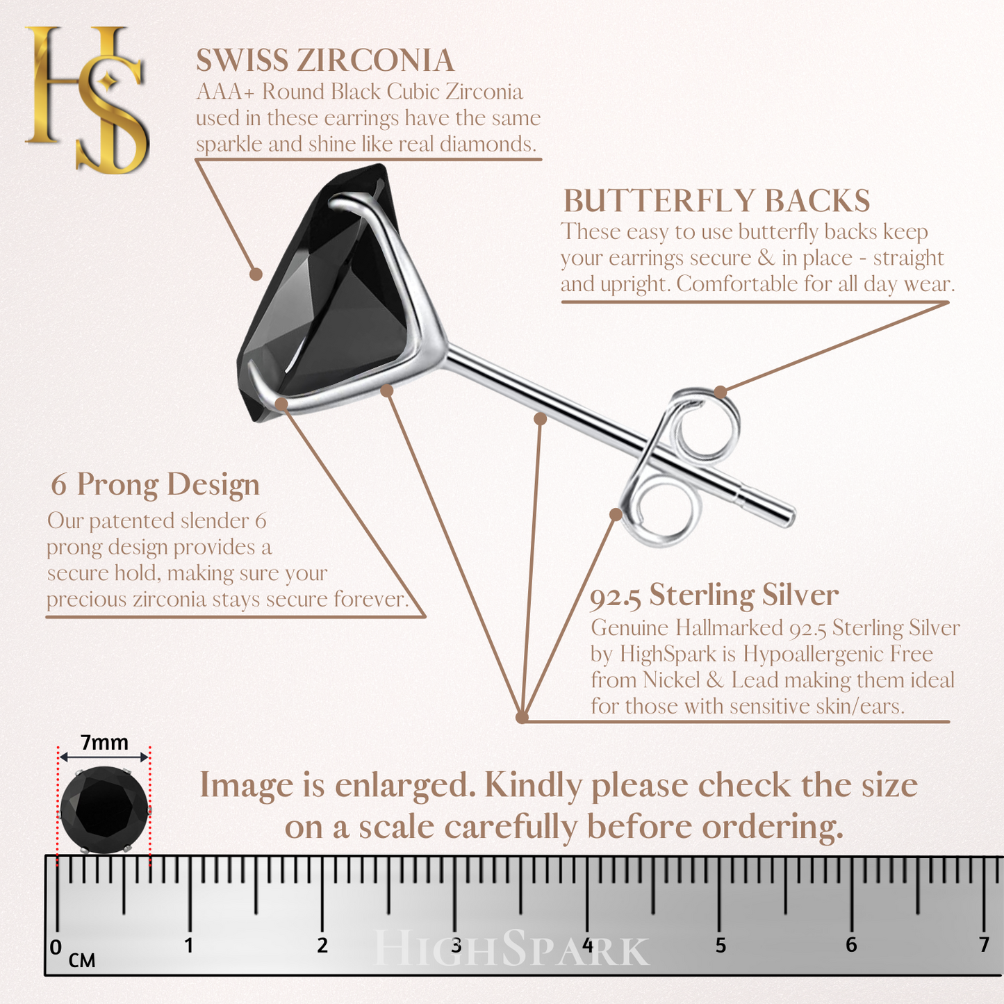 An infographic showing the features of a solitaire stud earring with a round black stone in a six-prong sterling silver setting and a ruler.