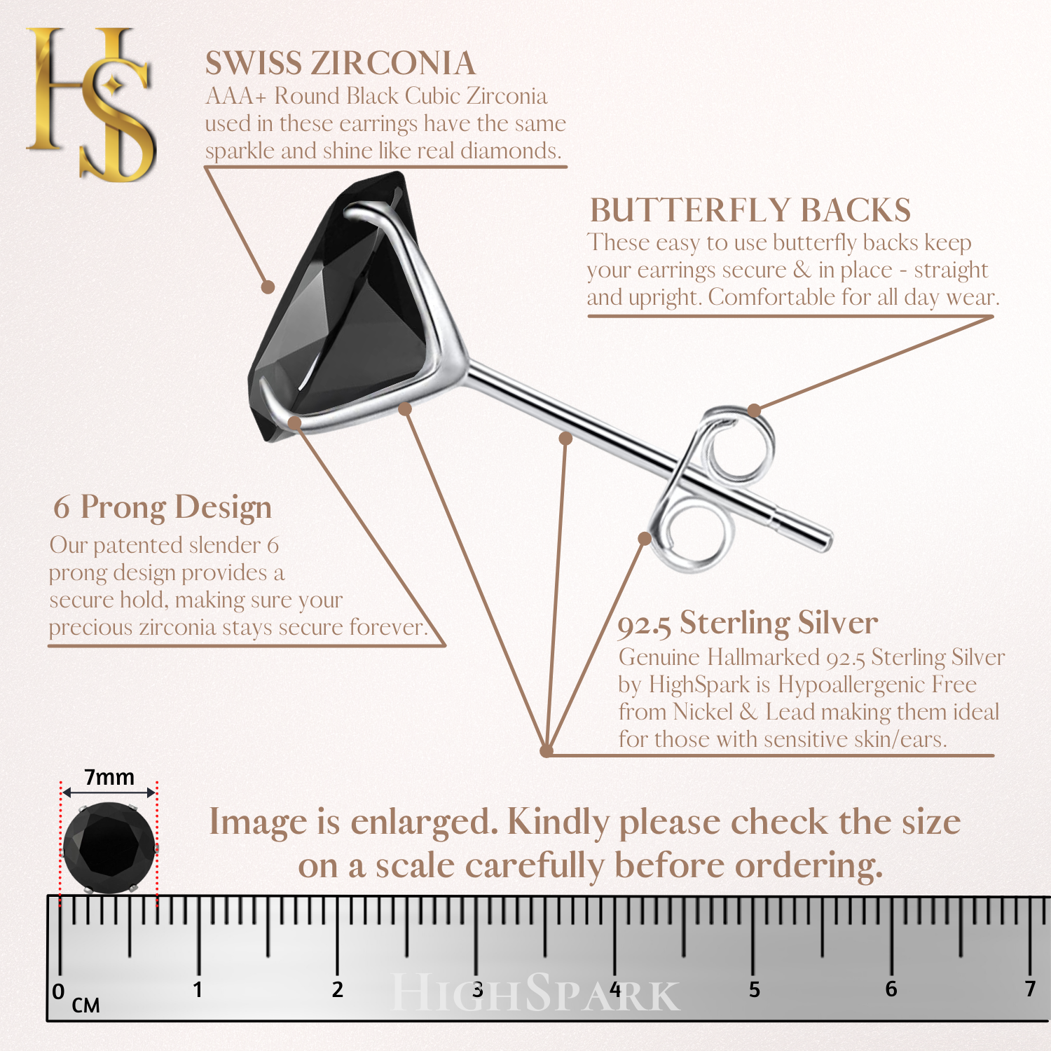 An infographic showing the features of a solitaire stud earring with a round black stone in a six-prong sterling silver setting and a ruler.