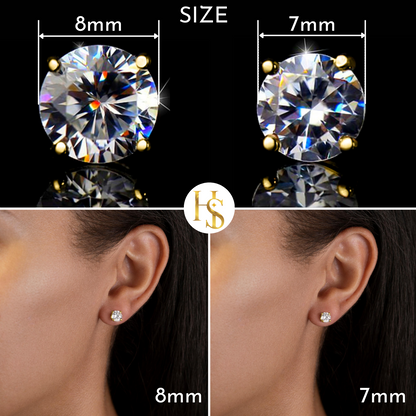 An infographic comparing 8mm and 7mm solitaire stud earrings with round American diamonds in a four-prong, gold-plated setting.