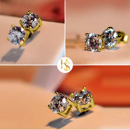 A collage of three images shows a pair of gold-plated solitaire stud earrings with round American diamonds in a four-prong setting.