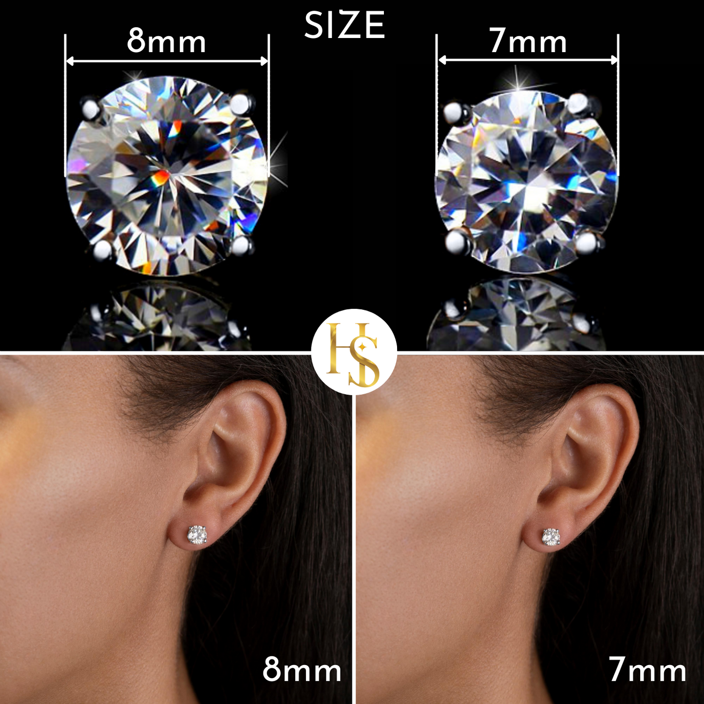 An infographic comparing 8mm and 7mm round American diamond solitaire stud earrings in a four-prong sterling silver setting.