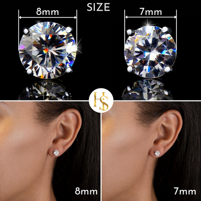 An infographic comparing 8mm and 7mm round American diamond solitaire stud earrings in a four-prong sterling silver setting.