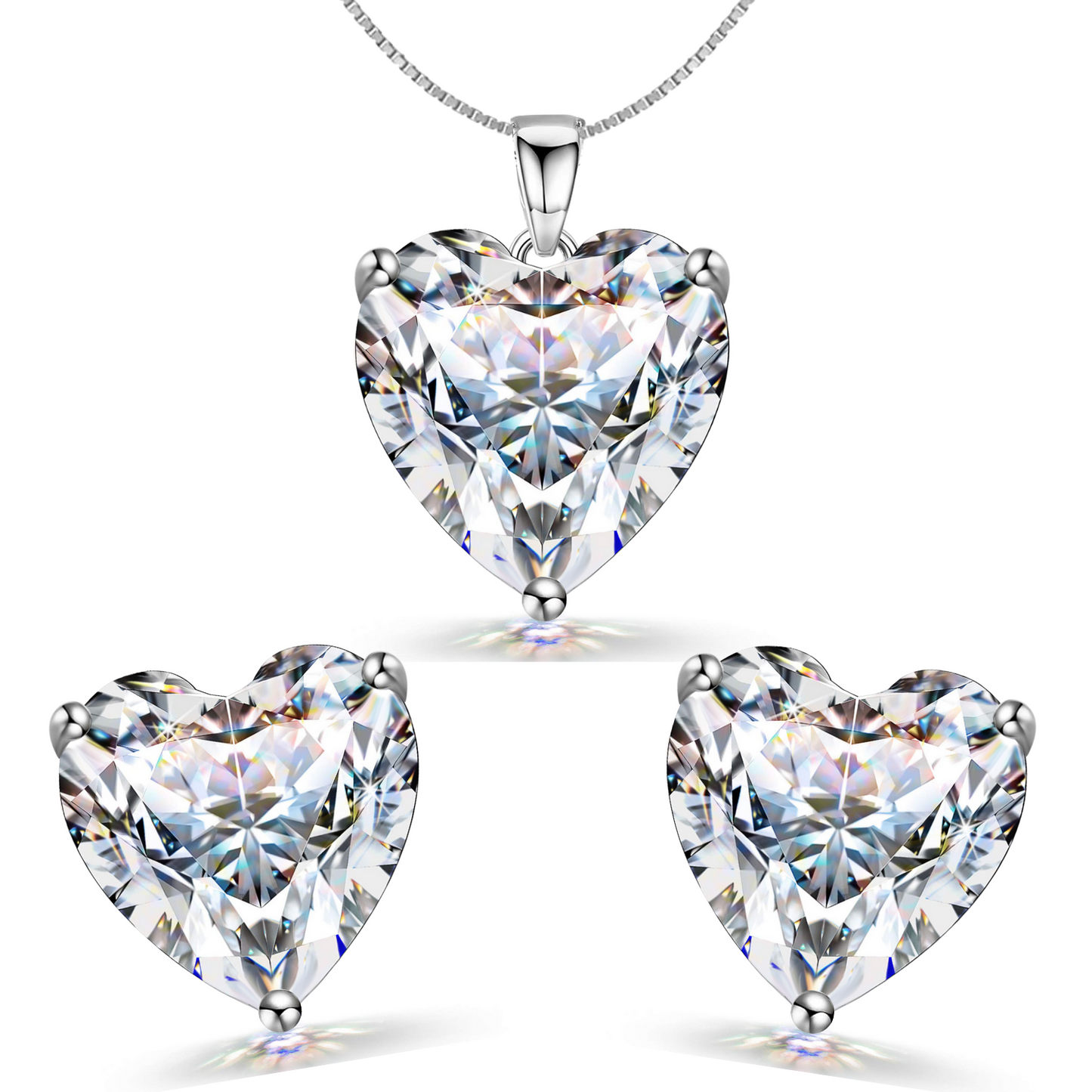 Solitaire Heart Earrings, Pendant & Chain Set in 92.5 Silver embellished with Sparkling Zirconia HighSpark