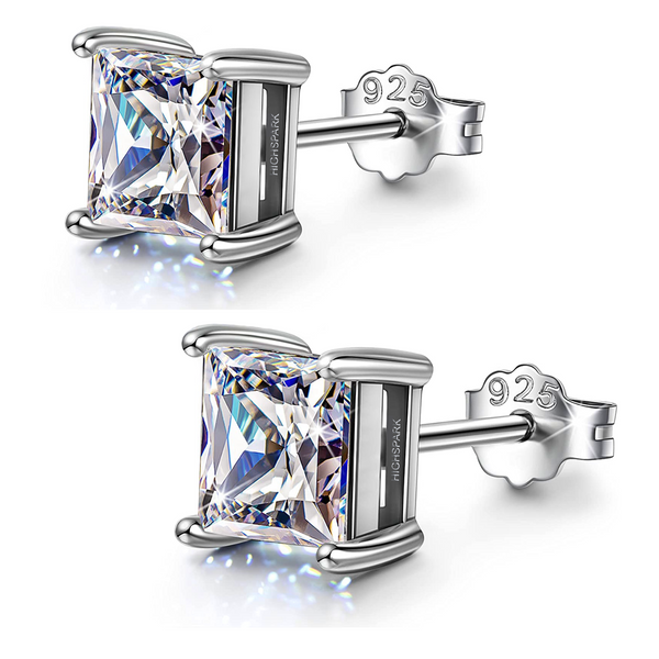 A pair of square solitaire earrings with princess-cut American diamonds in a four-prong setting, crafted from 925 sterling silver.