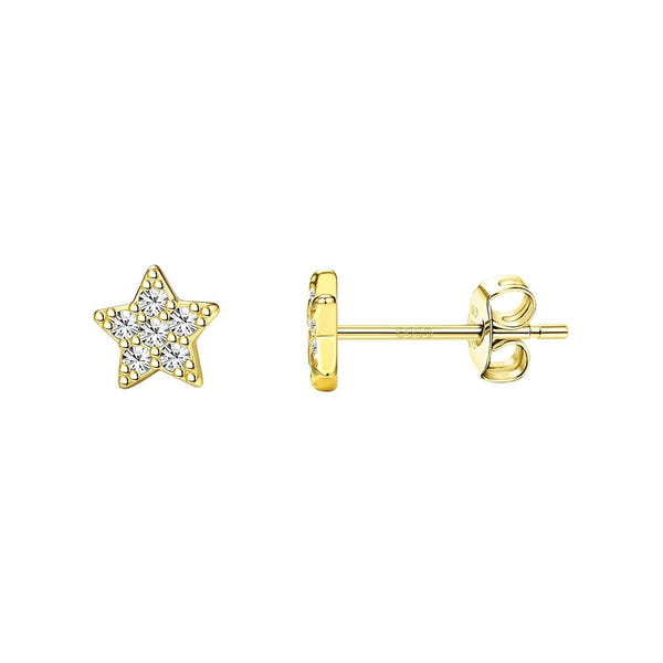 A pair of gold-plated stud earrings in a star shape, pavé-set with round American diamonds, shown on a white background.