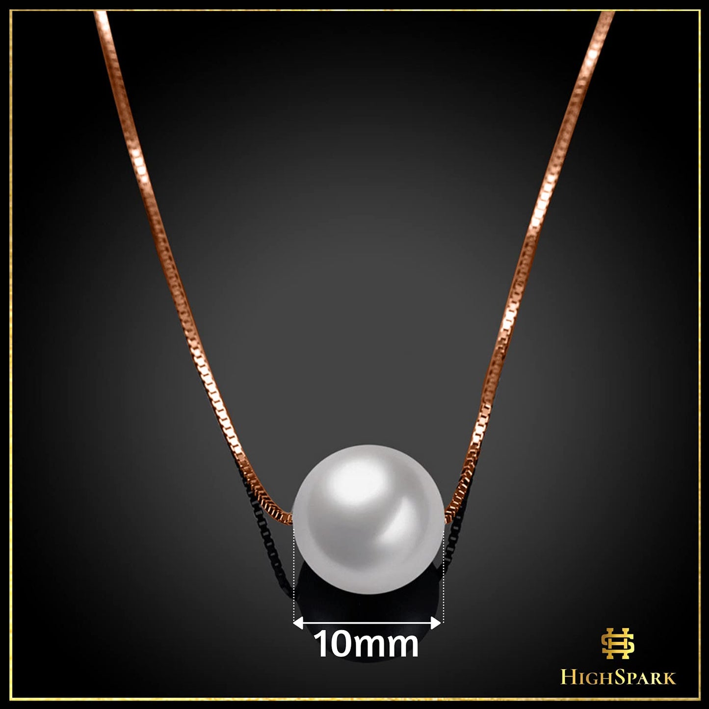 An infographic showing the 10mm diameter of a single white pearl pendant on a rose gold-plated sterling silver box chain.