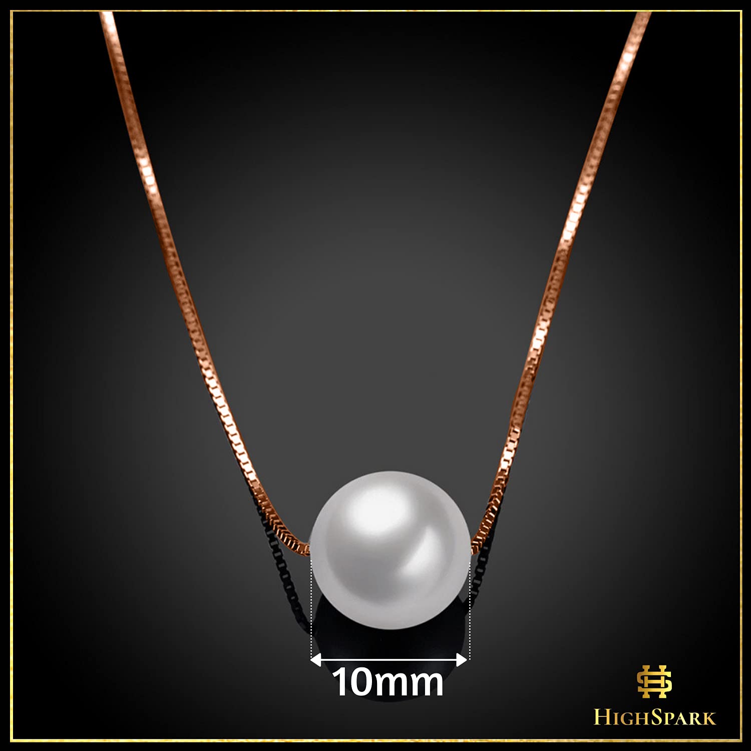 An infographic showing the 10mm diameter of a single white pearl pendant on a rose gold-plated sterling silver box chain.