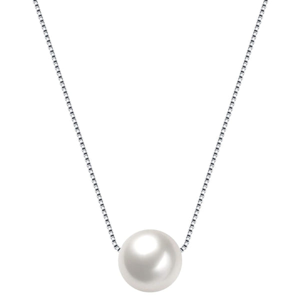A floating pearl pendant necklace with a single round white pearl on a sterling silver box chain, shown on a white background.